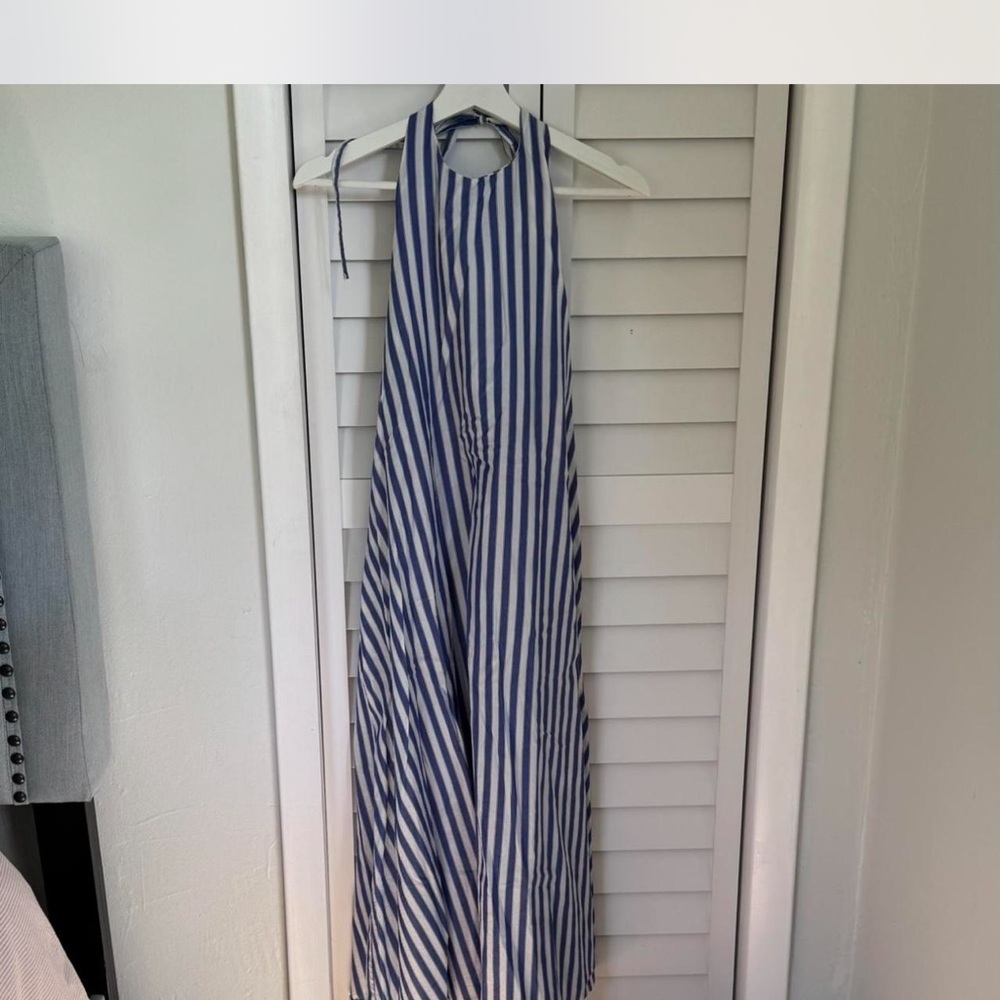 Blue and White Halter Sundress with Backless Design